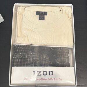 Izod Beige Waffle Crew Top and Black Plaid Pants pajama Set